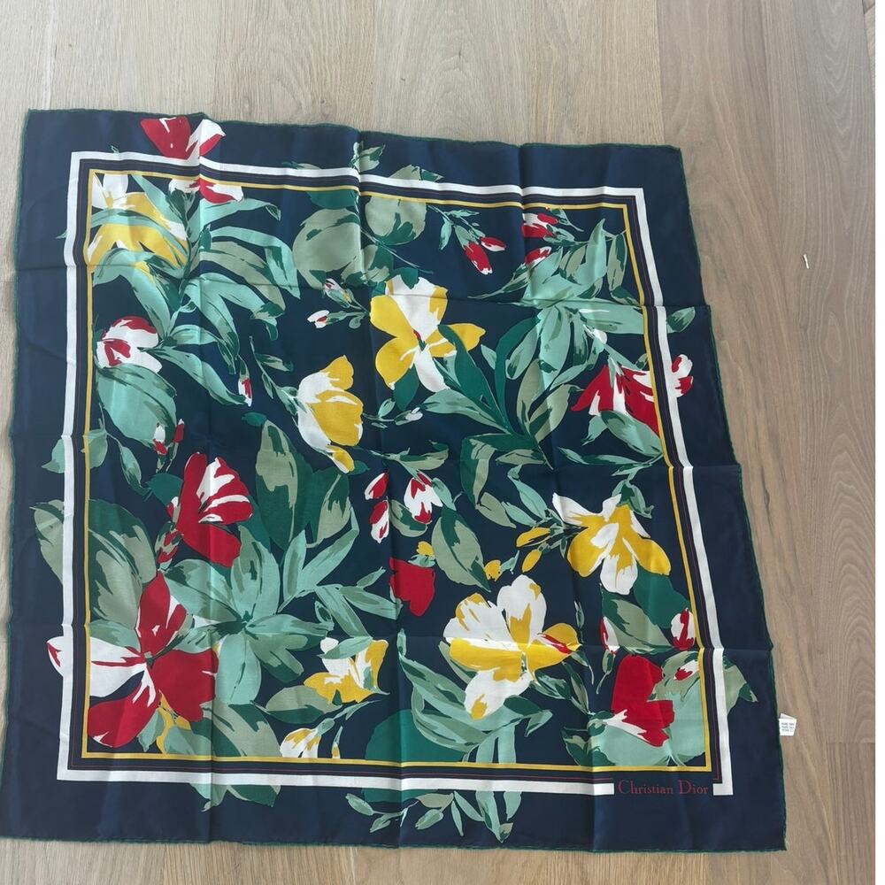 Vintage Christian Dior 100% Silk Scarf Made in France Floral Navy Red Square
